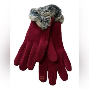 BURGUNDY RED FUR TRIMMED GLOVES NWT PHONE USE CAPABLE FINGER TIP